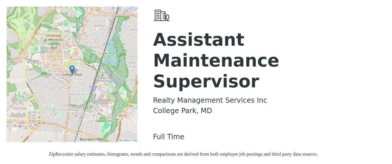Realty Management Services Inc job posting for a Assistant Maintenance Supervisor in College Park, MD with a salary of $22 to $37 Hourly with a map of College Park location.