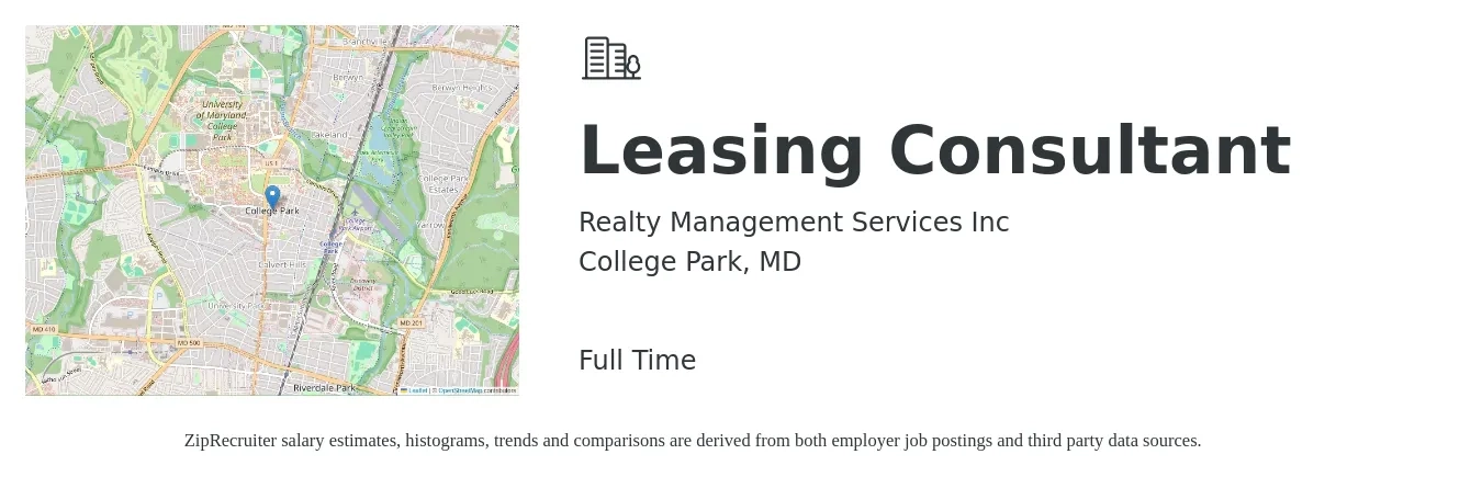 Realty Management Services, Inc. job posting for a Leasing Consultant in College Park, MD with a salary of $16 to $19 Hourly with a map of College Park location.