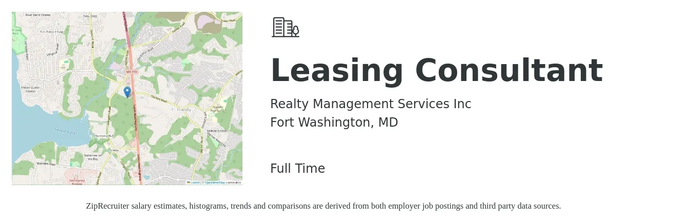 Realty Management Services Inc job posting for a Leasing Consultant in Fort Washington, MD with a salary of $16 to $20 Hourly with a map of Fort Washington location.
