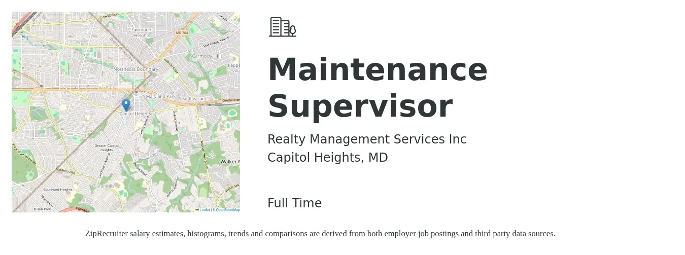 Realty Management Services Inc job posting for a Maintenance Supervisor in Capitol Heights, MD with a salary of $24 to $40 Hourly with a map of Capitol Heights location.