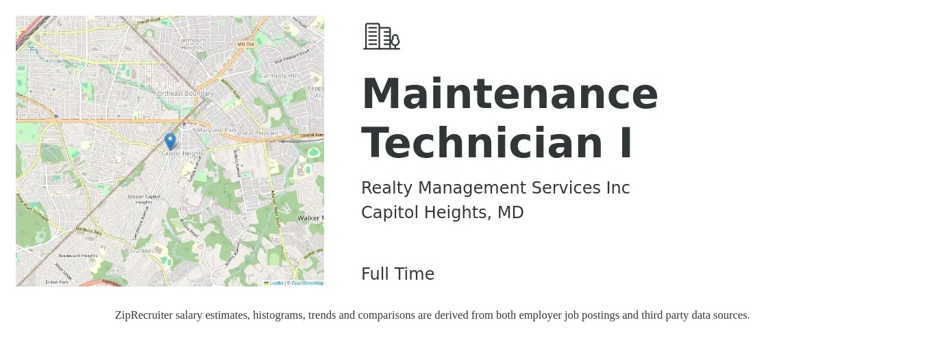Realty Management Services Inc job posting for a Maintenance Technician I in Capitol Heights, MD with a salary of $19 to $27 Hourly with a map of Capitol Heights location.