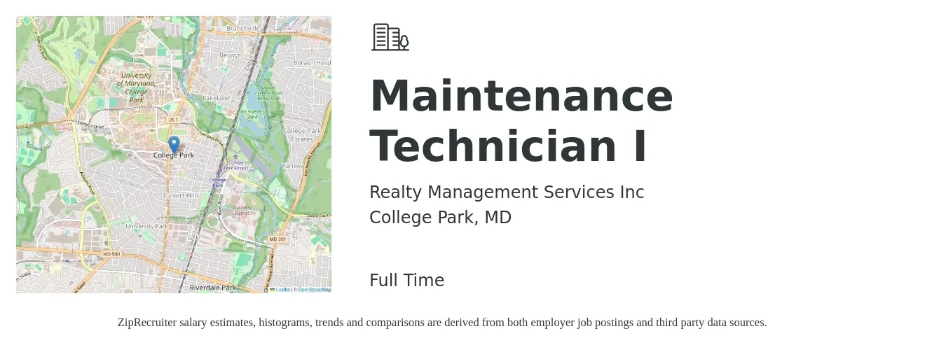 Realty Management Services Inc job posting for a Maintenance Technician I in College Park, MD with a salary of $19 to $26 Hourly with a map of College Park location.