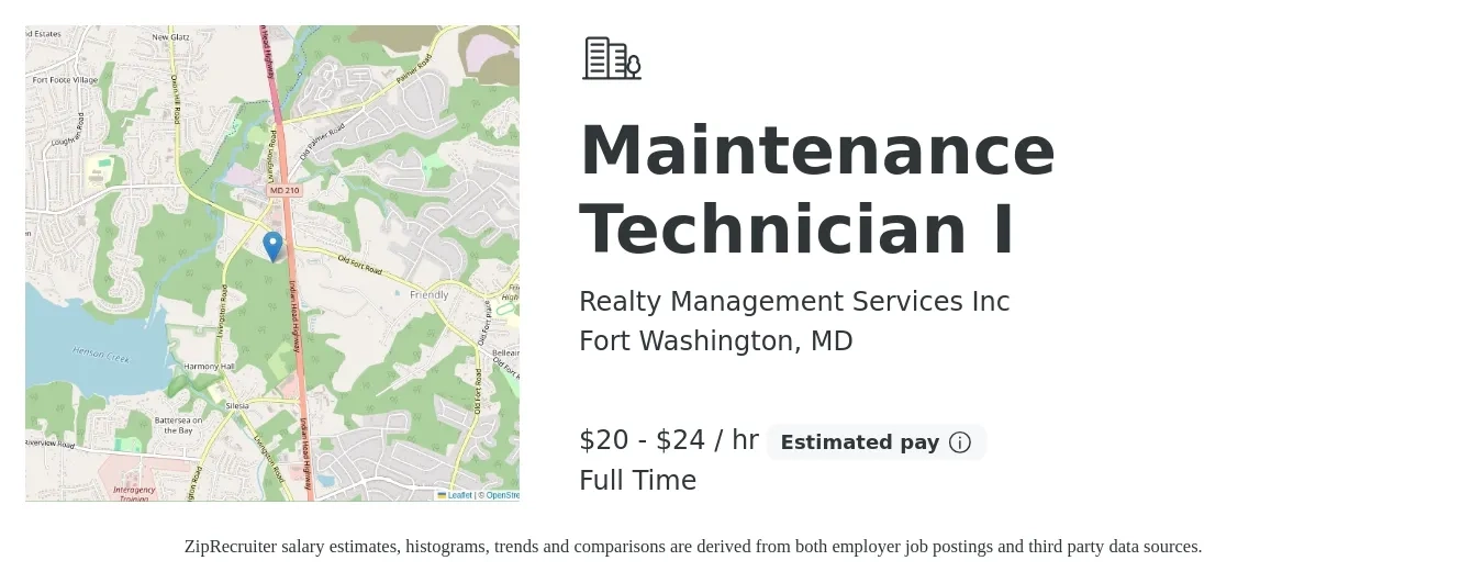 Realty Management Services Inc job posting for a Maintenance Technician I in Fort Washington, MD with a salary of $21 to $25 Hourly with a map of Fort Washington location.