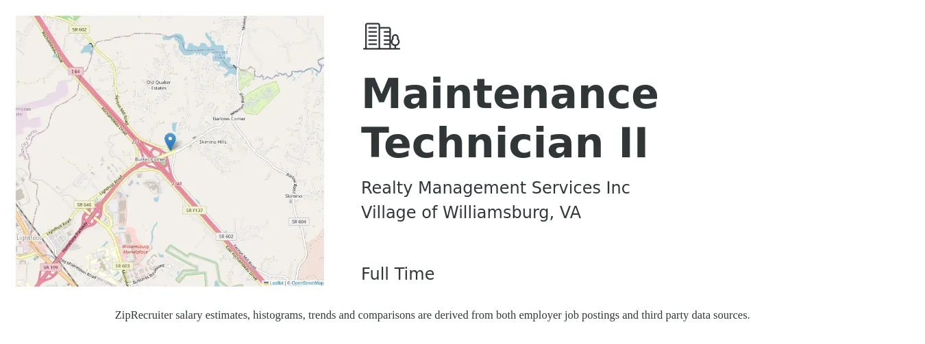 Realty Management Services Inc job posting for a Maintenance Technician II in Village of Williamsburg, VA with a salary of $18 to $24 Hourly with a map of Village of Williamsburg location.