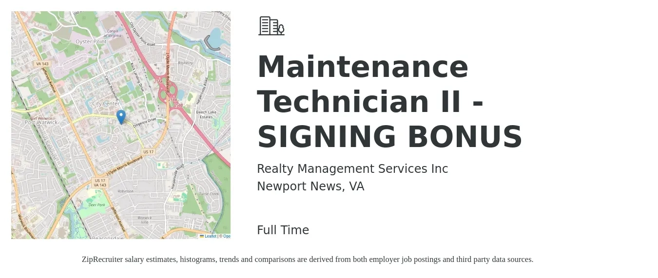 Realty Management Services Inc job posting for a Maintenance Technician II - SIGNING BONUS in Newport News, VA with a salary of $18 to $24 Hourly with a map of Newport News location.
