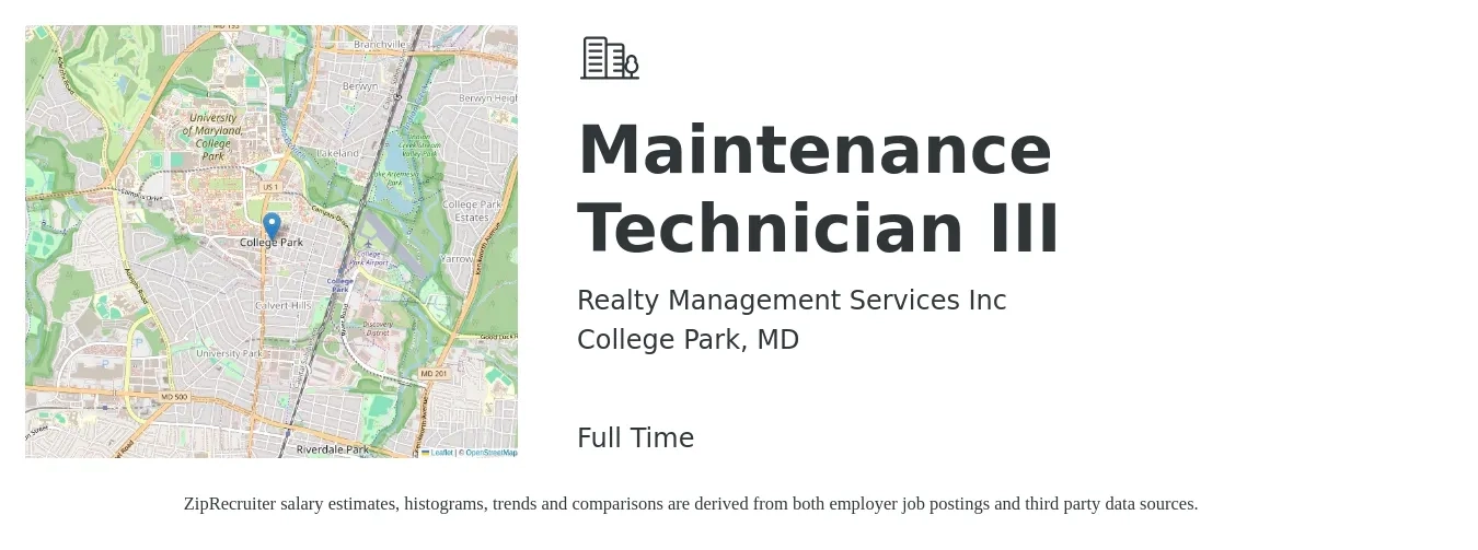 Realty Management Services Inc job posting for a Maintenance Technician III in College Park, MD with a salary of $19 to $26 Hourly with a map of College Park location.
