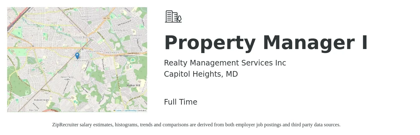 Realty Management Services Inc job posting for a Property Manager I in Capitol Heights, MD with a salary of $44,200 to $68,300 Yearly with a map of Capitol Heights location.