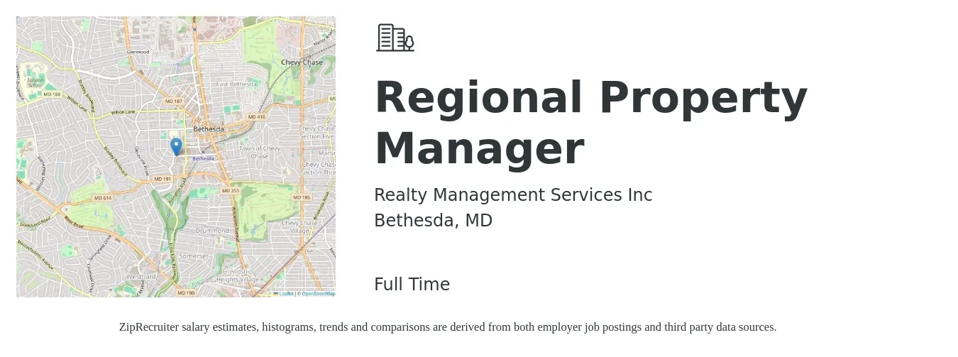 Realty Management Services Inc job posting for a Regional Property Manager in Bethesda, MD with a salary of $83,300 to $112,100 Yearly with a map of Bethesda location.
