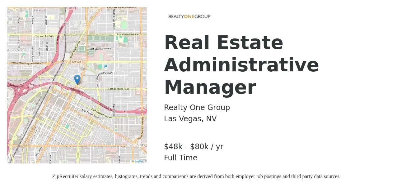 Realty One Group job posting for a Real Estate Administrative Manager in Las Vegas, NV with a salary of $48,000 to $80,000 Yearly with a map of Las Vegas location.