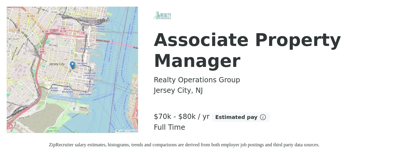 Realty Operations Group job posting for a Associate Property Manager in Jersey City, NJ with a salary of $70,000 to $80,000 Yearly with a map of Jersey City location.