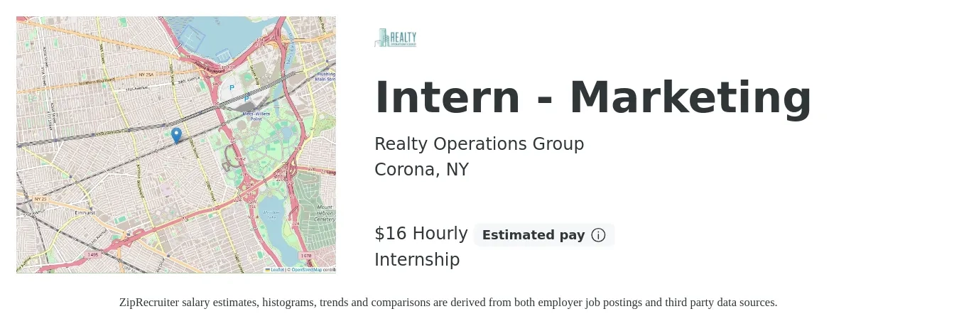Realty Operations Group job posting for a Intern - Marketing in Corona, NY with a salary of $17 Hourly with a map of Corona location.