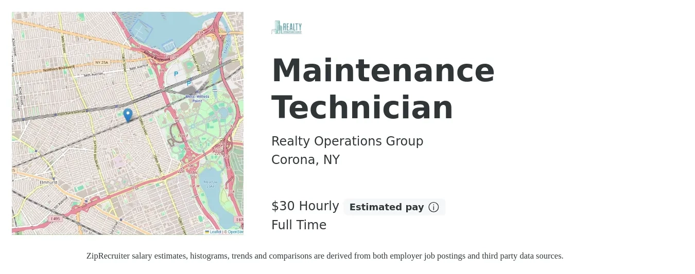 Realty Operations Group job posting for a Maintenance Technician in Corona, NY with a salary of $31 Hourly with a map of Corona location.