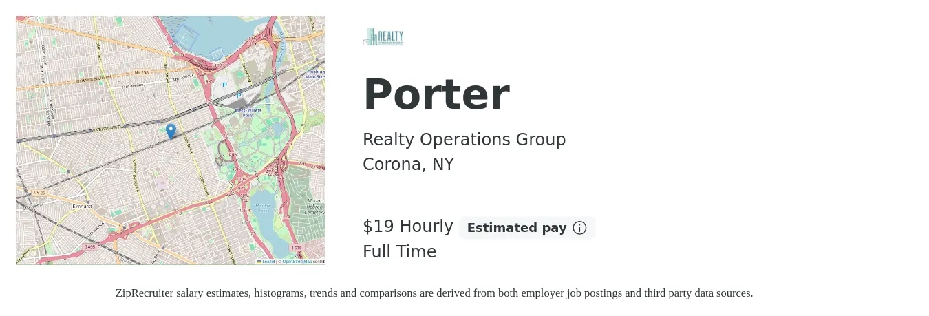 Realty Operations Group job posting for a Porter in Corona, NY with a salary of $20 Hourly with a map of Corona location.