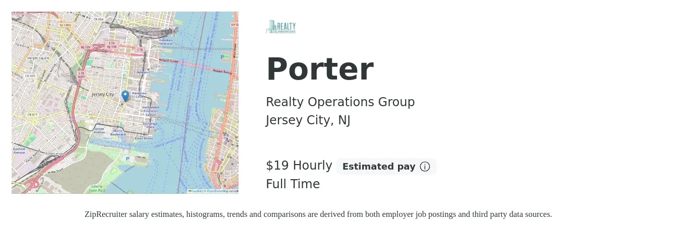 Realty Operations Group job posting for a Porter in Jersey City, NJ with a salary of $20 to $25 Hourly with a map of Jersey City location.
