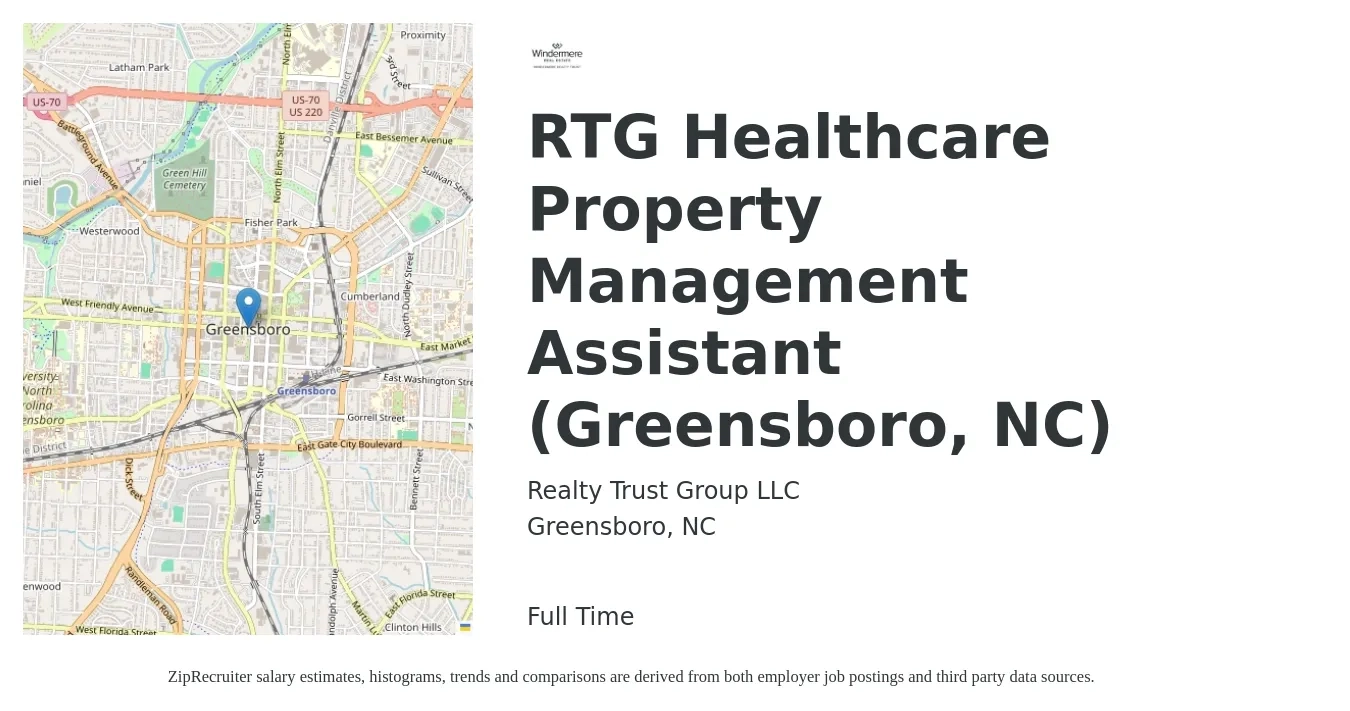 Realty Trust Group LLC job posting for a RTG Healthcare Property Management Assistant (Greensboro, NC) in Greensboro, NC with a salary of $18 to $25 Hourly with a map of Greensboro location.