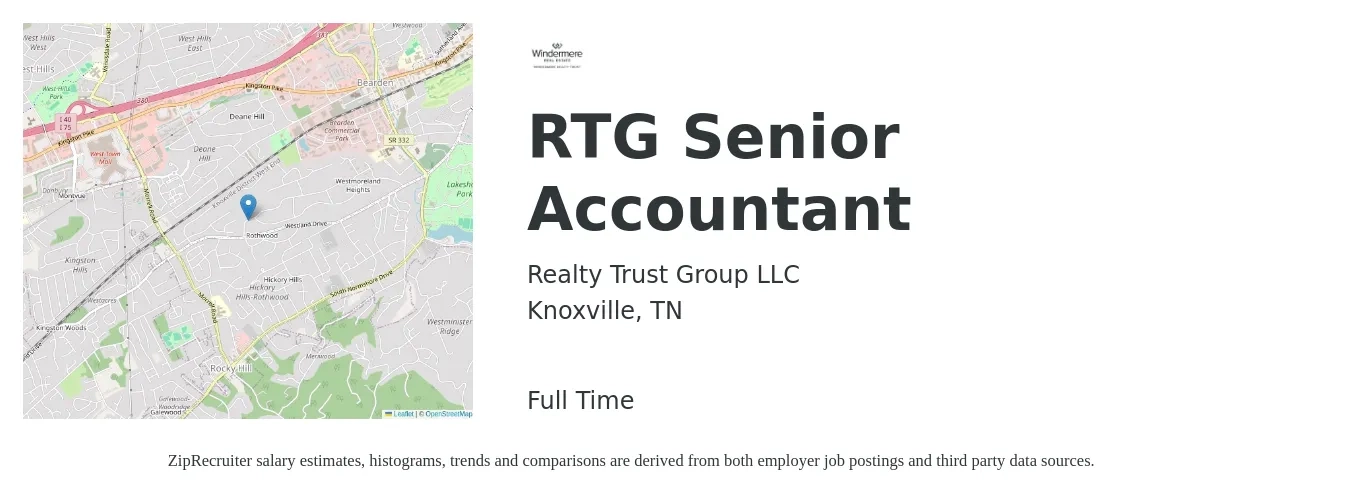 Realty Trust Group LLC job posting for a RTG Senior Accountant in Knoxville, TN with a salary of $61,000 to $76,700 Yearly with a map of Knoxville location.
