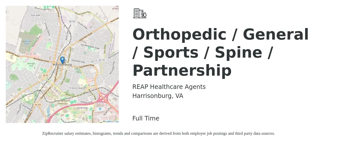 REAP Healthcare Agents job posting for a Orthopedic / General / Sports / Spine / Partnership in Harrisonburg, VA with a salary of $326,200 to $372,800 Yearly with a map of Harrisonburg location.