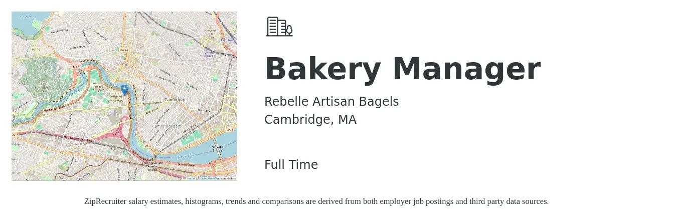 Rebelle Artisan Bagels job posting for a Bakery Manager in Cambridge, MA with a salary of $20 to $27 Hourly with a map of Cambridge location.