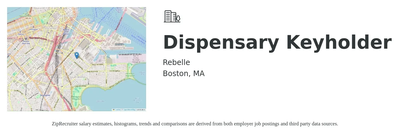 Rebelle job posting for a Dispensary Keyholder in Boston, MA with a salary of $15 to $19 Hourly with a map of Boston location.