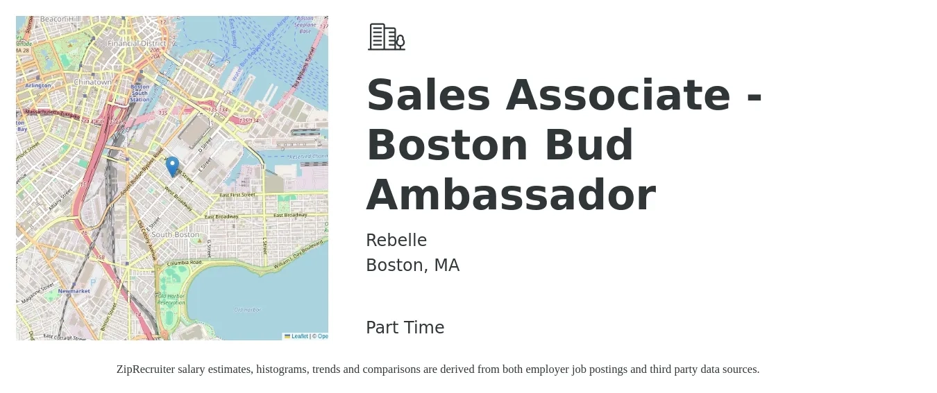 Rebelle job posting for a Sales Associate - Boston Bud Ambassador in Boston, MA with a salary of $15 to $21 Hourly with a map of Boston location.