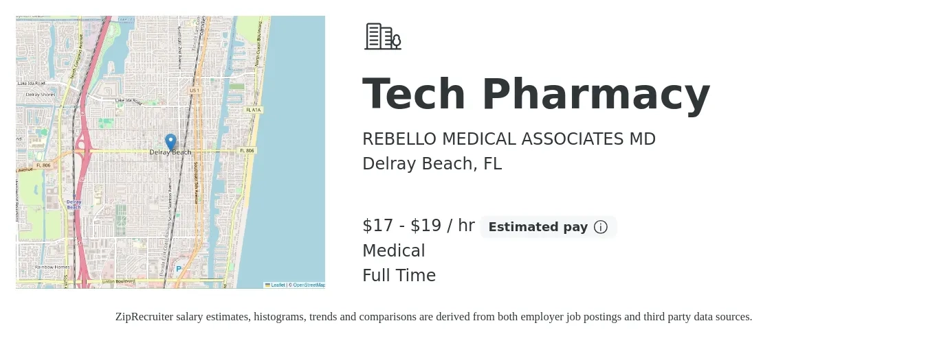 REBELLO MEDICAL ASSOCIATES MD job posting for a Tech Pharmacy in Delray Beach, FL with a salary of $18 to $20 Hourly and benefits including retirement, and medical with a map of Delray Beach location.