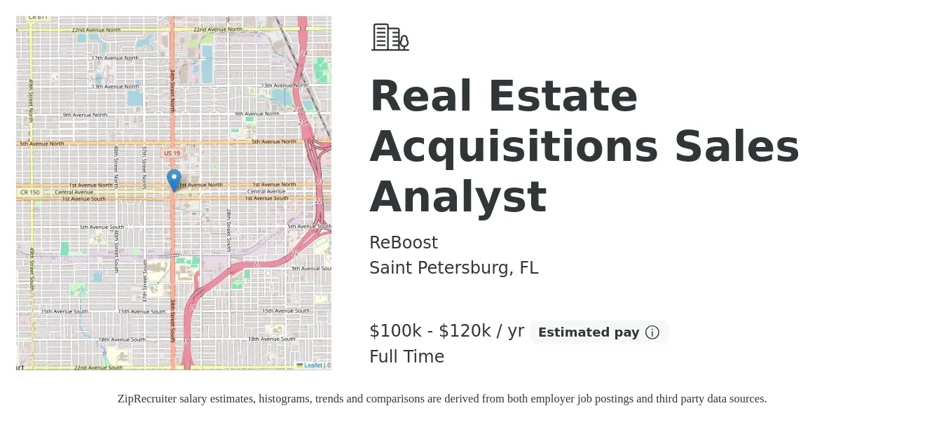 ReBoost job posting for a Real Estate Acquisitions Sales Analyst in Saint Petersburg, FL with a salary of $100,000 to $120,000 Yearly with a map of Saint Petersburg location.