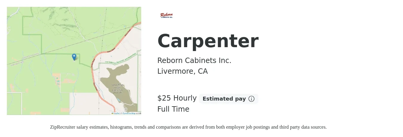 Reborn Cabinets Inc. job posting for a Carpenter in Livermore, CA with a salary of $27 to $32 Hourly with a map of Livermore location.