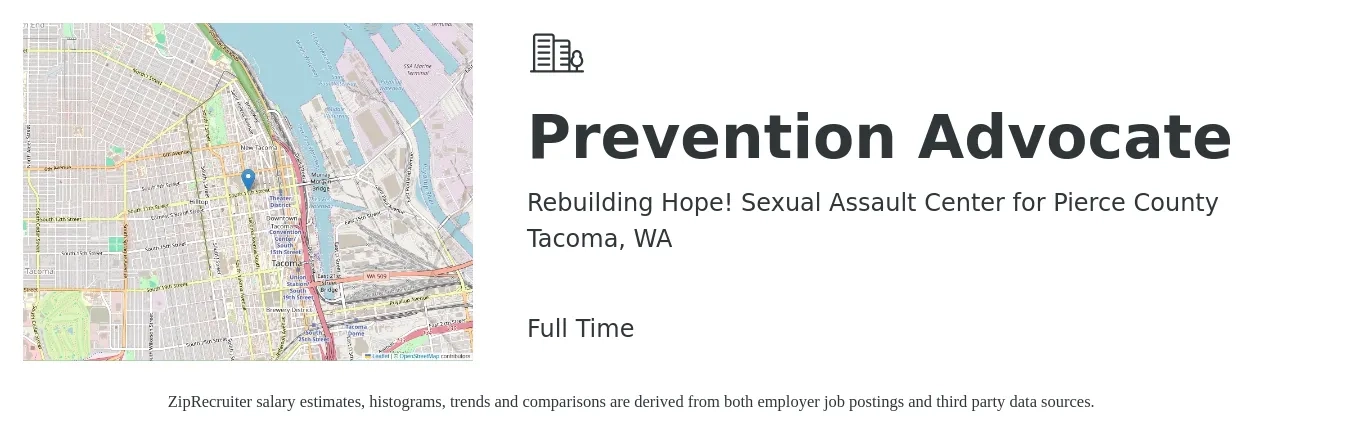 Rebuilding Hope! Sexual Assault Center for Pierce County job posting for a Prevention Advocate in Tacoma, WA with a salary of $26 to $30 Hourly with a map of Tacoma location.