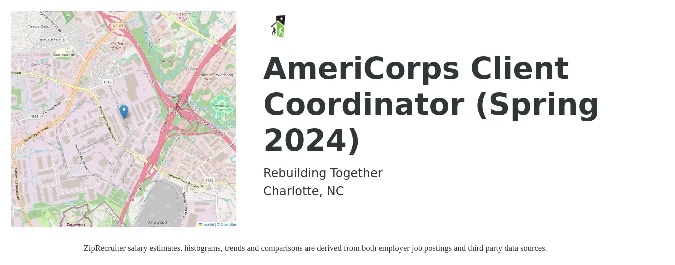 Rebuilding Together job posting for a AmeriCorps Client Coordinator (Spring 2024) in Charlotte, NC with a salary of $11,088 Weekly with a map of Charlotte location.
