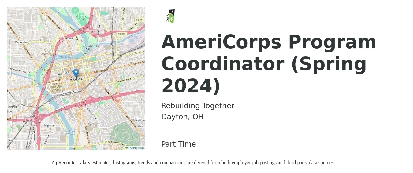 Rebuilding Together job posting for a AmeriCorps Program Coordinator (Spring 2024) in Dayton, OH with a salary of $11,088 Weekly with a map of Dayton location.
