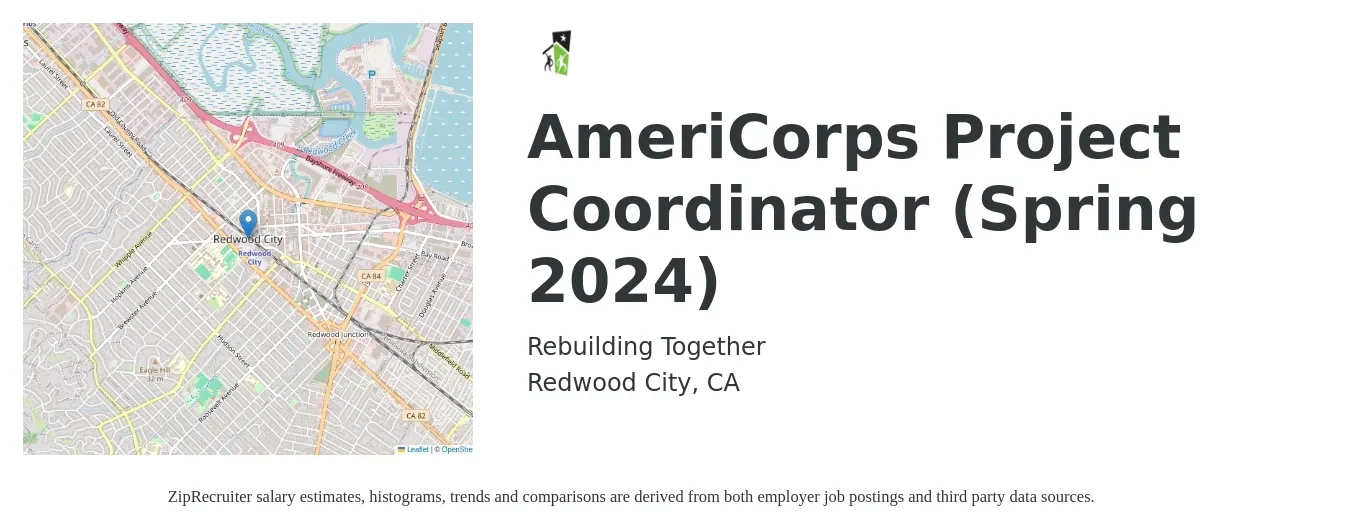 Rebuilding Together job posting for a AmeriCorps Project Coordinator (Spring 2024) in Redwood City, CA with a salary of $11,088 Weekly with a map of Redwood City location.