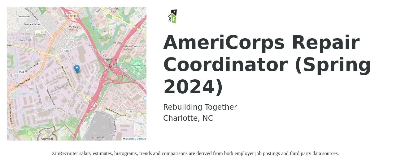 Rebuilding Together job posting for a AmeriCorps Repair Coordinator (Spring 2024) in Charlotte, NC with a salary of $11,088 Weekly with a map of Charlotte location.