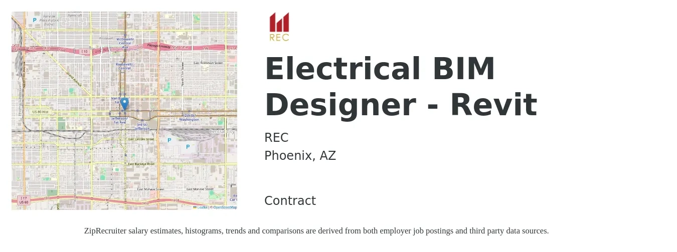 REC job posting for a Electrical BIM Designer - Revit in Phoenix, AZ with a salary of $25 to $30 Hourly with a map of Phoenix location.