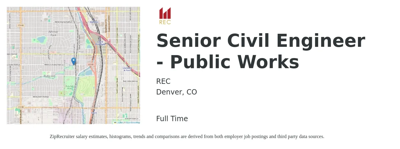 REC job posting for a Senior Civil Engineer - Public Works in Denver, CO with a salary of $100 Hourly with a map of Denver location.