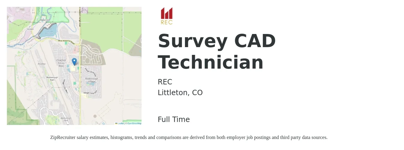 REC job posting for a Survey CAD Technician in Littleton, CO with a salary of $26 to $35 Hourly with a map of Littleton location.