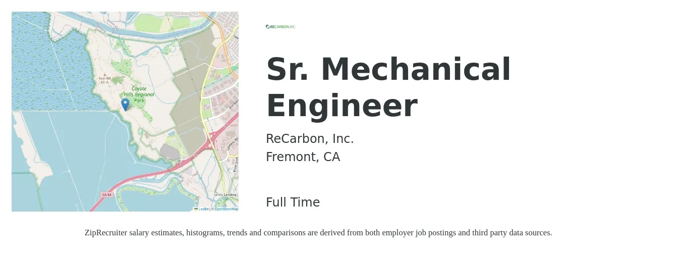 ReCarbon, Inc. job posting for a Sr. Mechanical Engineer in Fremont, CA with a salary of $114,400 to $151,100 Yearly with a map of Fremont location.