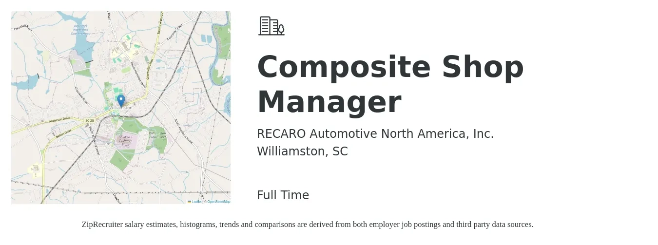RECARO Automotive North America, Inc. job posting for a Composite Shop Manager in Williamston, SC with a salary of $15 to $22 Hourly with a map of Williamston location.