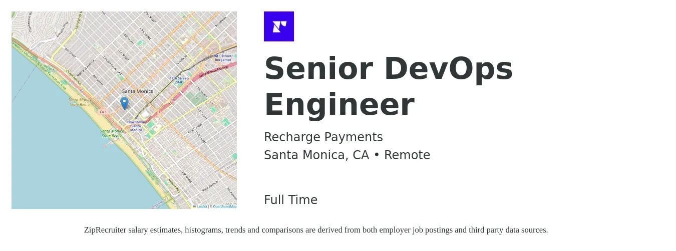 Recharge Payments job posting for a Senior DevOps Engineer in Santa Monica, CA with a salary of $145,900 to $187,500 Yearly with a map of Santa Monica location.