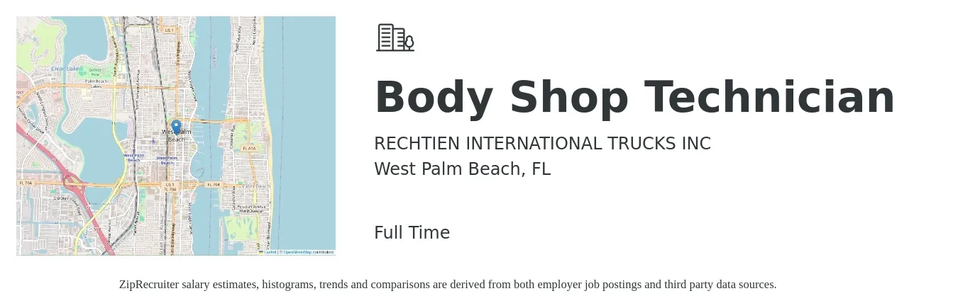 RECHTIEN INTERNATIONAL TRUCKS INC job posting for a Body Shop Technician in West Palm Beach, FL with a salary of $19 to $30 Hourly with a map of West Palm Beach location.