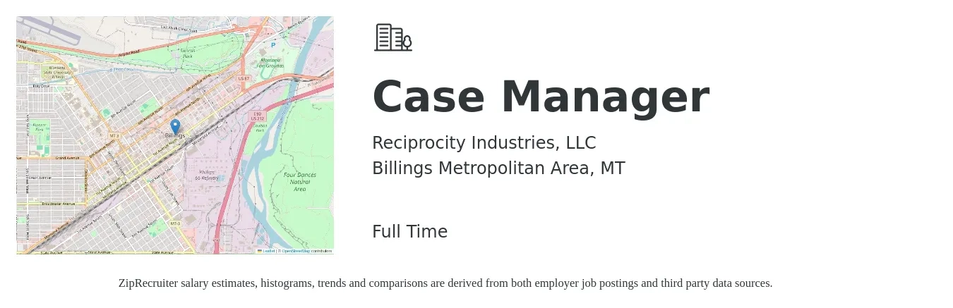 Reciprocity Industries, LLC job posting for a Case Manager in Billings Metropolitan Area, MT with a salary of $20 to $25 Hourly with a map of Billings Metropolitan Area location.