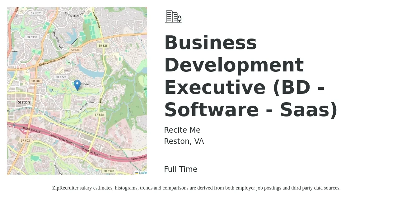 Recite Me job posting for a Business Development Executive (BD - Software - Saas) in Reston, VA with a salary of $60,000 to $100,000 Yearly with a map of Reston location.