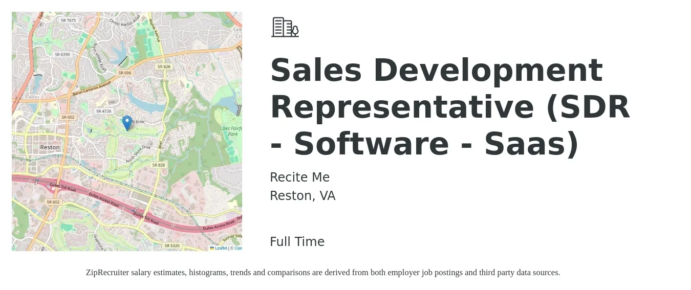 Recite Me job posting for a Sales Development Representative (SDR - Software - Saas) in Reston, VA with a salary of $50,000 to $70,000 Yearly with a map of Reston location.