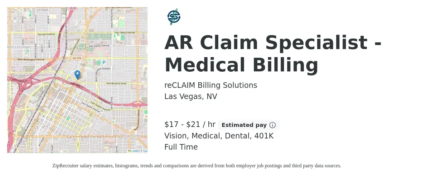 reCLAIM Billing Solutions job posting for a AR Claim Specialist - Medical Billing in Las Vegas, NV with a salary of $18 to $22 Hourly (plus commission) and benefits including 401k, dental, life_insurance, medical, and vision with a map of Las Vegas location.