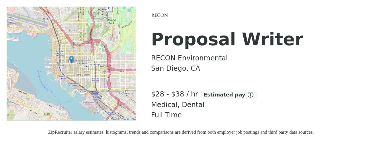 RECON Environmental job posting for a Proposal Writer in San Diego, CA with a salary of $30 to $40 Hourly and benefits including retirement, dental, life_insurance, medical, and pto with a map of San Diego location.