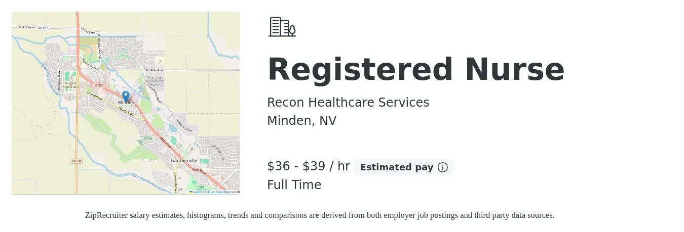 Recon Healthcare Services job posting for a Registered Nurse in Minden, NV with a salary of $38 to $41 Hourly with a map of Minden location.