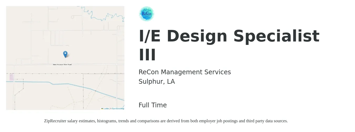 Recon Management Services job posting for a I/E Design Specialist III in Sulphur, LA with a salary of $41,100 to $63,500 Yearly with a map of Sulphur location.