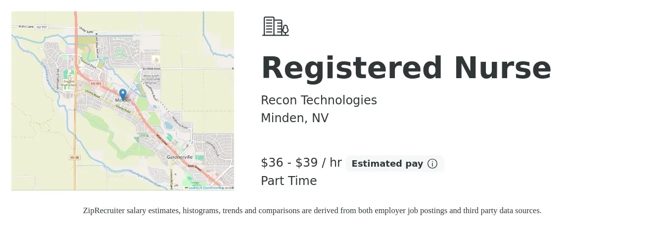 Recon Technologies job posting for a Registered Nurse in Minden, NV with a salary of $38 to $41 Hourly with a map of Minden location.