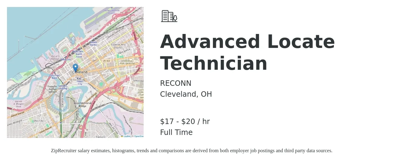 RECONN job posting for a Advanced Locate Technician in Cleveland, OH with a salary of $18 to $21 Hourly with a map of Cleveland location.