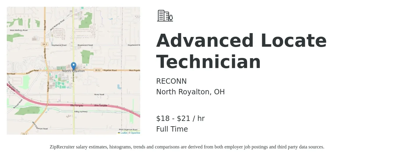 RECONN job posting for a Advanced Locate Technician in North Royalton, OH with a salary of $19 to $22 Hourly with a map of North Royalton location.