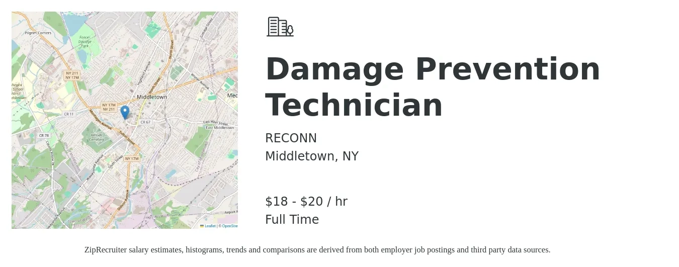 RECONN job posting for a Damage Prevention Technician in Middletown, NY with a salary of $19 to $21 Hourly with a map of Middletown location.